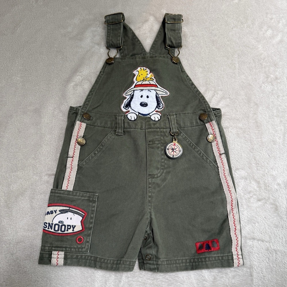 Vintage Retro Peanuts Baby Snoopy Woodstock Olive Green Overalls Cargo 24M